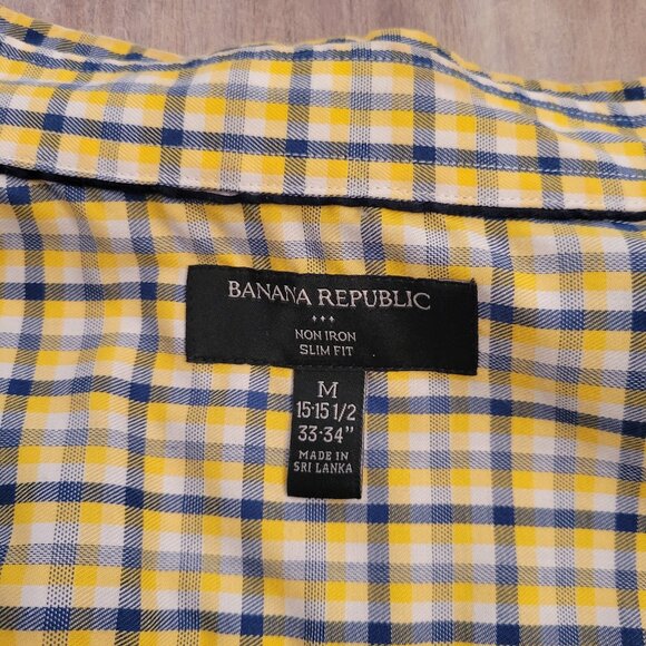 BANANA REPUBLIC Button-Down Shirt Slim Fit  Men's  15-15 1/2 Yellow Plaid - Picture 3 of 4